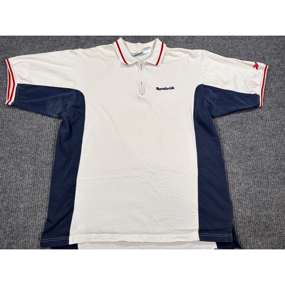 Vintage Reebok Quarter Zip Polo Shirt Mens Large White Navy Blue Colorblock 90s
